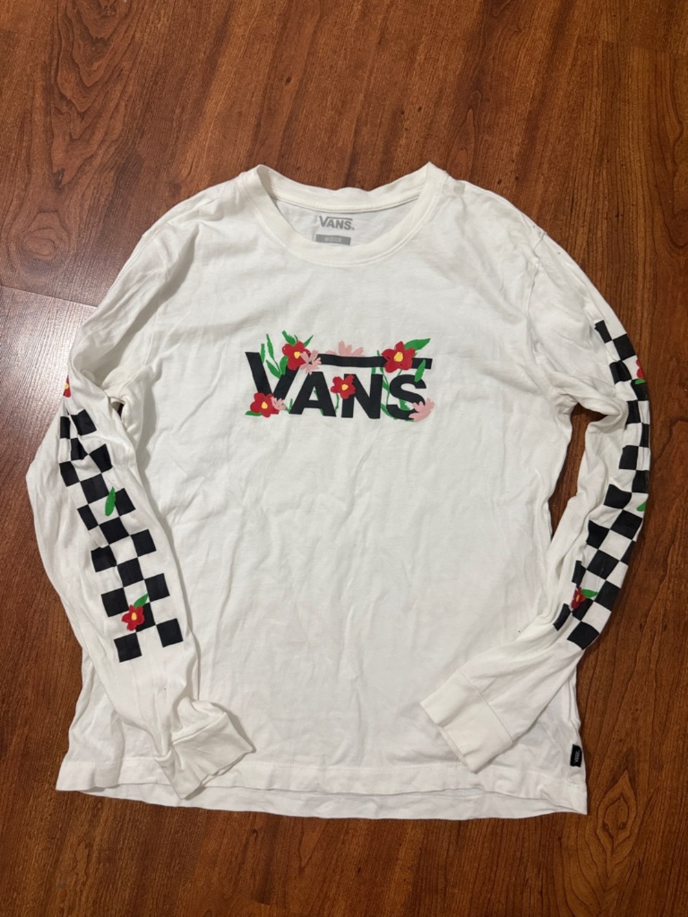 Vans White Long-Sleeve Tee with Floral Logo and Checker Sleeves